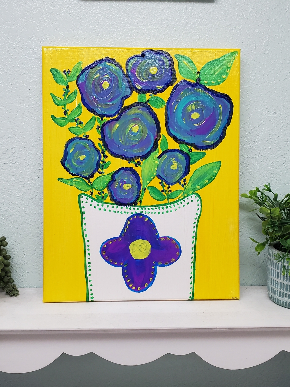 Hand-Painted Original Floral Canvas in Yellow, Purple & Green Home Decor Wallart